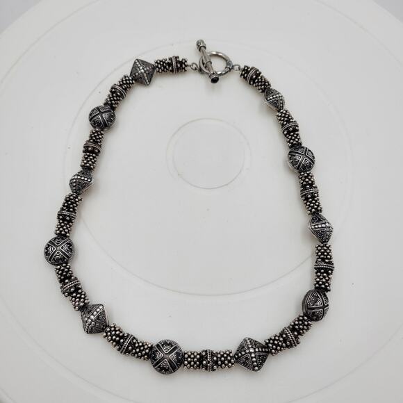 Vintage 925 Granulated Silver Bead Necklace 17" Heavy Gem Stone Toggle‎ Handmade - Picture 2 of 12
